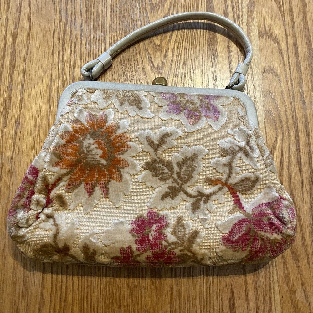 Vintage Tapestry Handbag Floral Textured Beige Cream Pink Brown Gary Brand